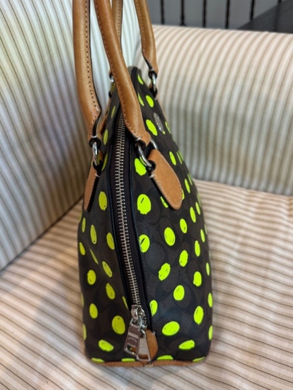 Coach Cora Domed Satchel Brown Crossgrain Leather Neon Yellow Polka Dot F33260 - Picture 3 of 6